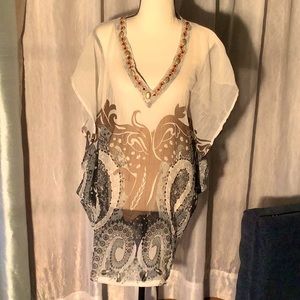 Aqua Blue bejeweled sheer Cover up.  Size XL. Tropical browns and creams.
